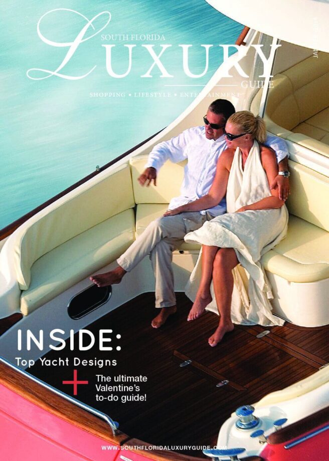 Luxury Guide Cover Jan-Feb 2014 South Florida Luxury Guide cover featuring a couple relaxing aboard a luxury yacht surrounded by turquoise water.