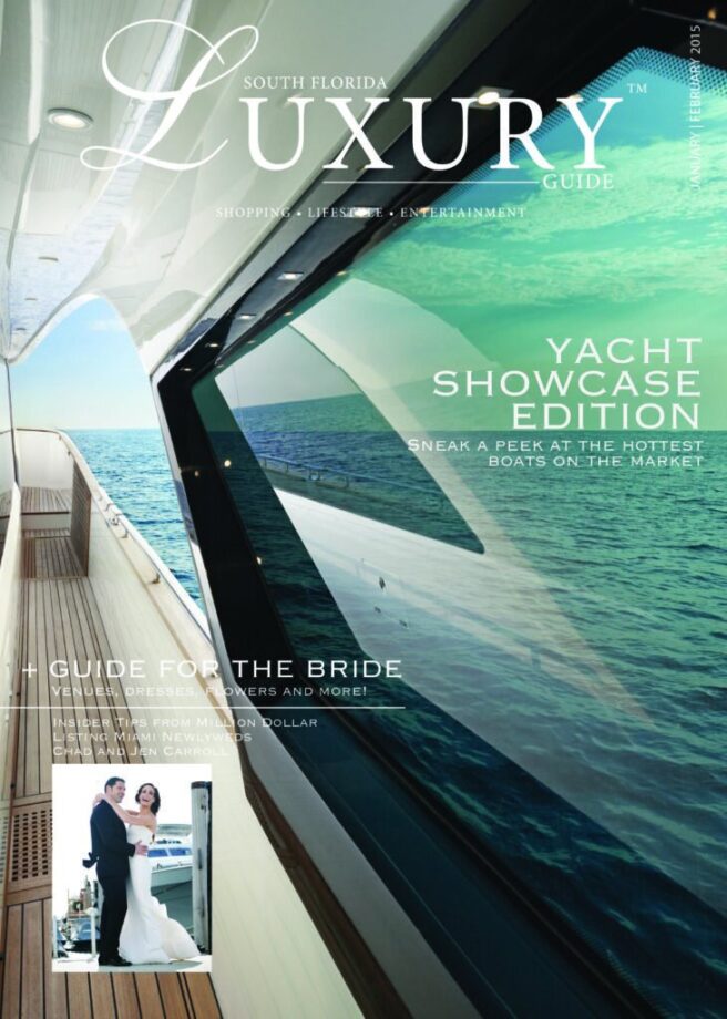 Luxury Guide Cover Jan-Feb 2015 South Florida Luxury Guide cover featuring the sleek exterior walkway of a luxury yacht overlooking turquoise ocean water.