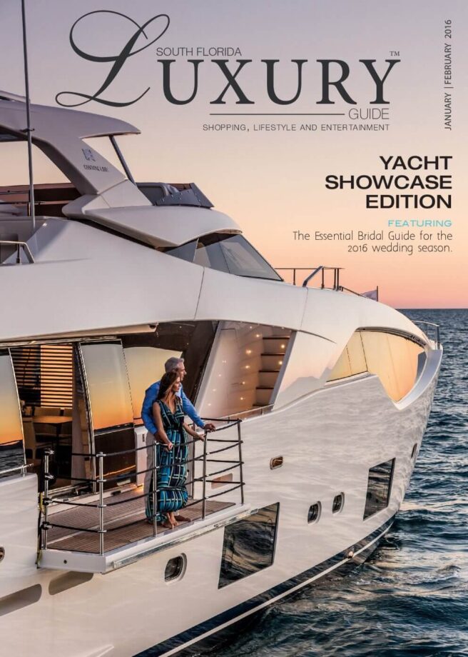 Luxury Guide Cover Jan-Feb South Florida Luxury Guide cover featuring a couple standing aboard a luxury yacht at sunset.