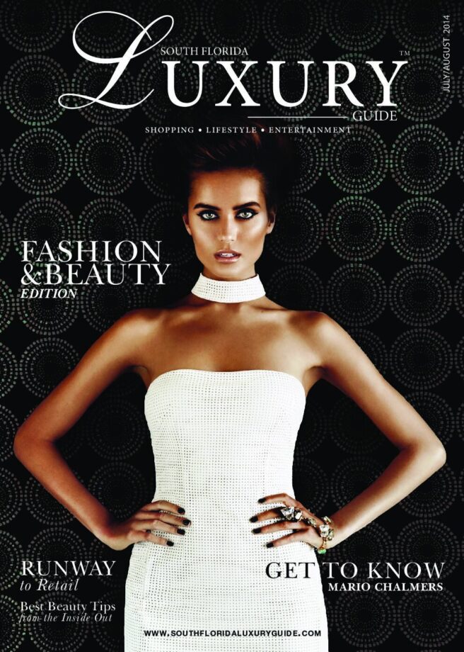 Luxury Guide Cover July-Aug 2014 South Florida Luxury Guide Fashion & Beauty Edition cover featuring a model in a white strapless dress against a dark patterned backdrop.
