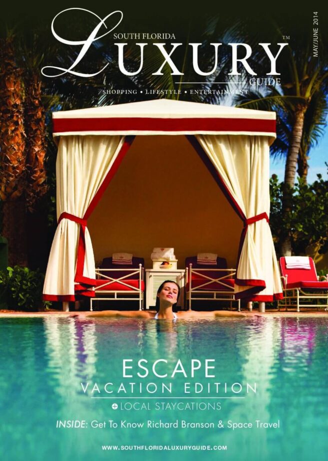 Luxury Guide Cover May-June 2014 South Florida Luxury Guide cover featuring a woman relaxing in a resort pool beside a private cabana and tropical palm trees.