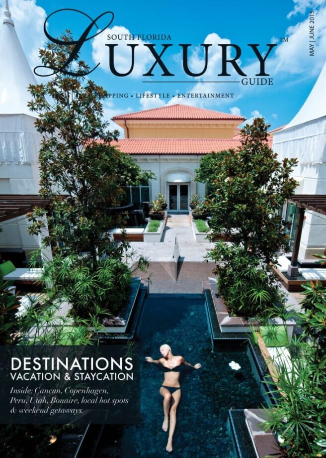 Luxury Guide Cover May-June South Florida Luxury Guide cover featuring a woman floating in a serene resort pool surrounded by tropical landscaping.
