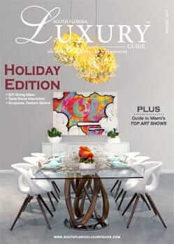 Luxury Guide Cover Nov-Dec 2013 South Florida Luxury Guide Holiday Edition cover featuring an elegant dining table beneath a gold chandelier with colorful contemporary artwork.