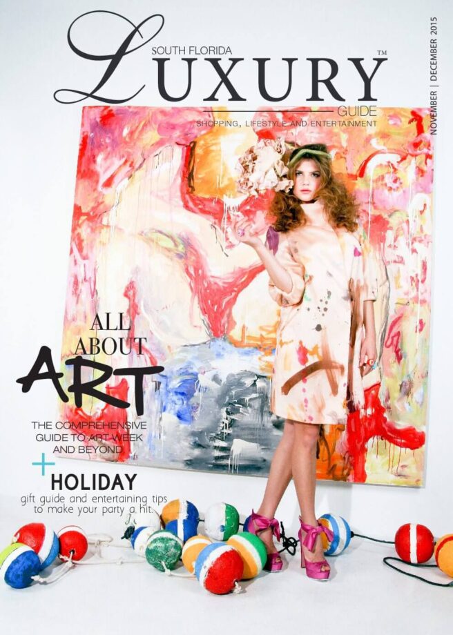 Luxury Guide Cover Nov-Dec South Florida Luxury Guide cover featuring a fashion model in an artistic dress posed before a colorful abstract painting.
