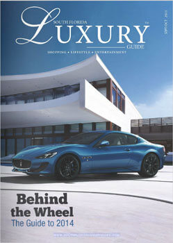 Luxury Guide Cover Sept-Oct 2013 South Florida Luxury Guide cover featuring a blue Maserati GranTurismo parked outside a modern luxury residence.