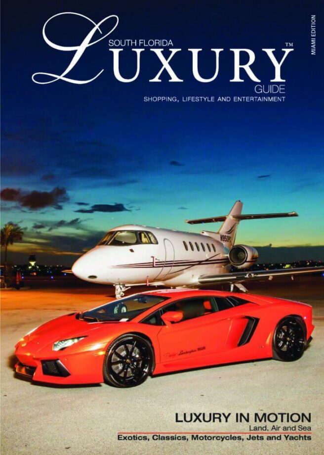 Luxury Guide Cover Sept-Oct 2016 South Florida Luxury Guide Miami cover featuring a red Lamborghini parked in front of a private jet at dusk.