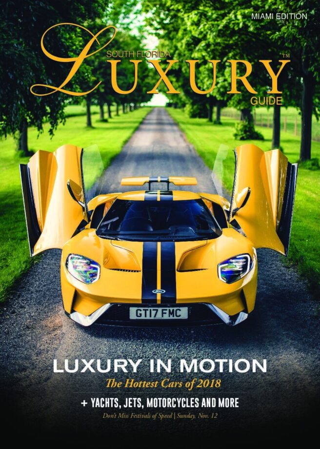 Luxury Guide Cover Sept-Oct 2017 South Florida Luxury Guide Miami cover featuring a yellow Ford GT with its doors open on a tree-lined estate driveway.