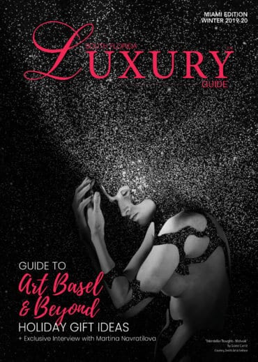 Luxury Guide Cover Winter 2019-2020 South Florida Luxury Guide Miami Winter 2019–20 cover featuring a black-and-white portrait of a woman surrounded by shimmering particles.